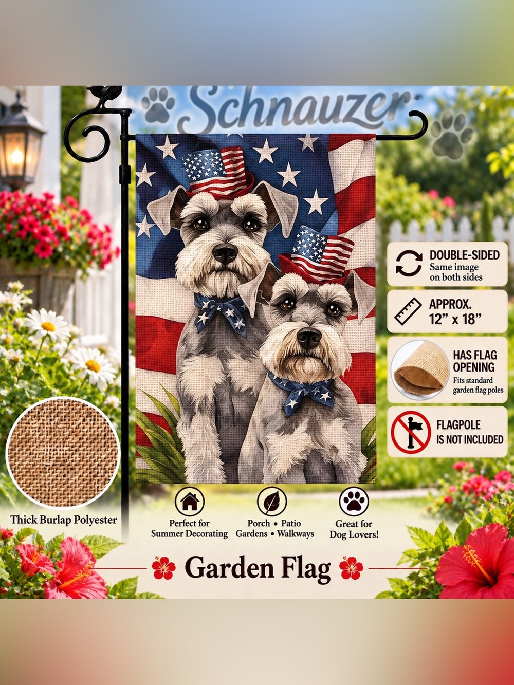 Garden flag, patriot schnauzer, dog, burlap polyester, double sided, 12“ x 18“